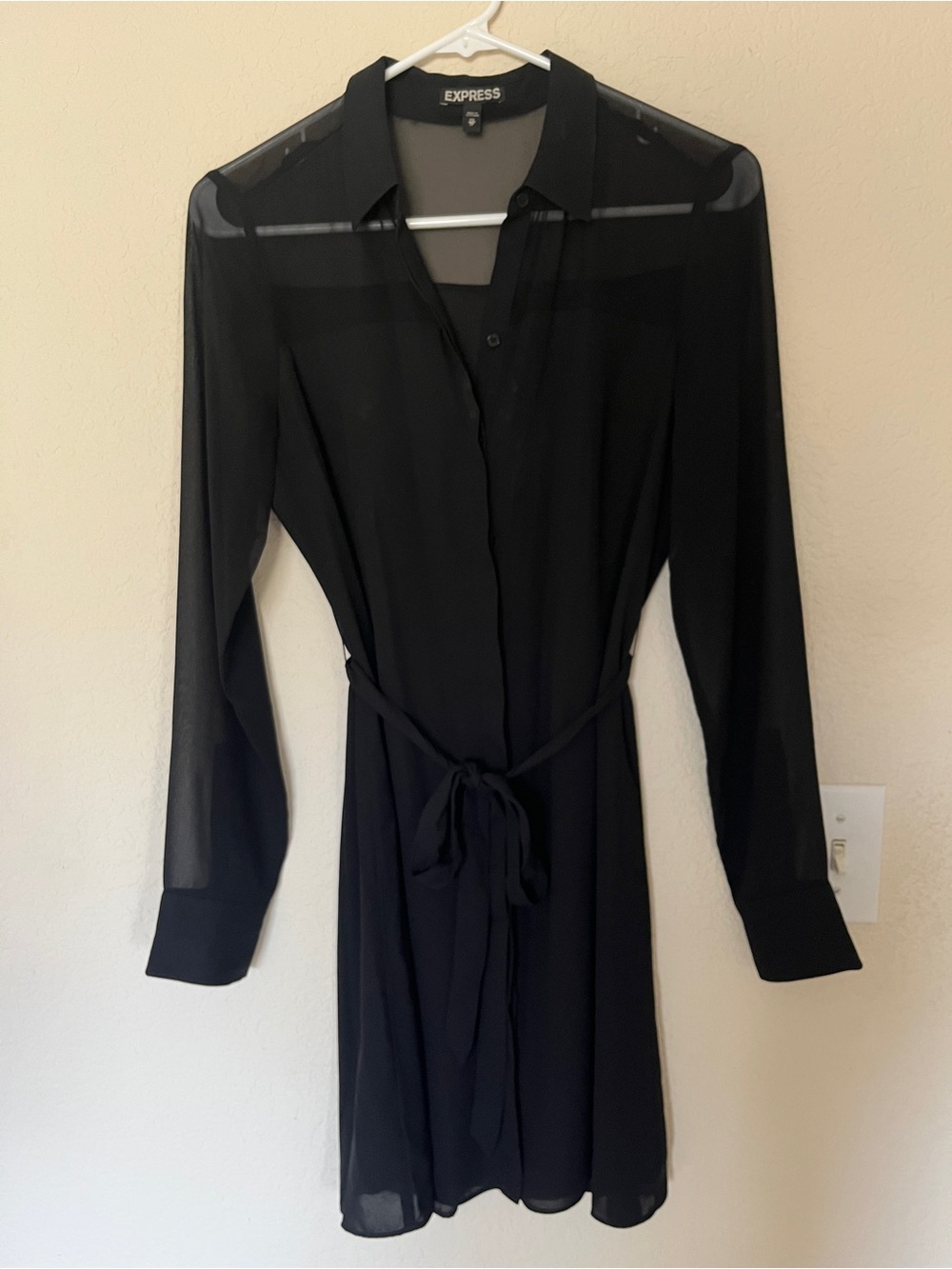 Express Black Sheer Long Sleeve Shirt Dress with Self Tie